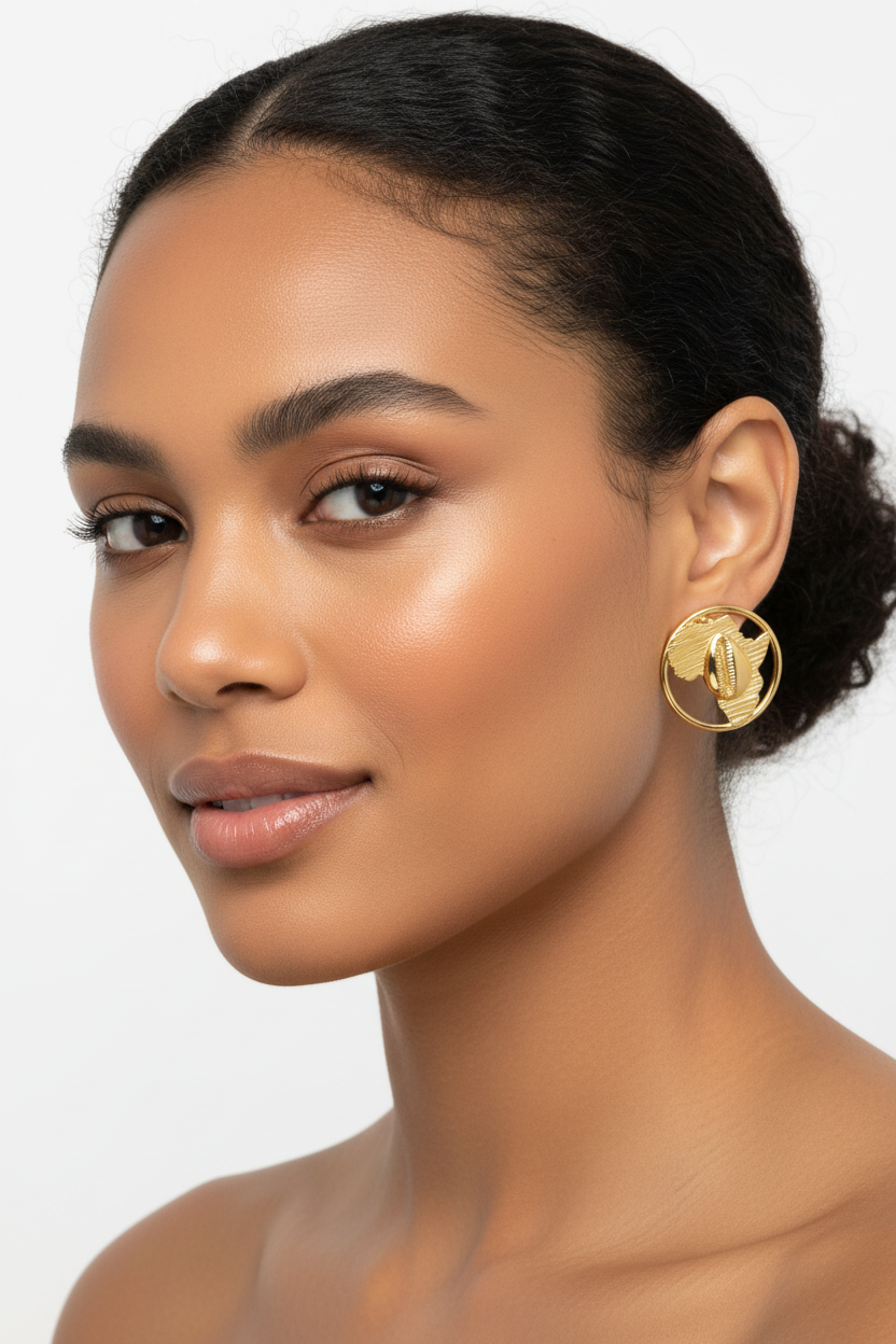 Modèle femme métisse portant les boucles d'oreilles Kemet